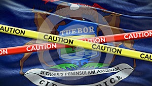 Michigan state symbol flag with caution tape. 3D illustration
