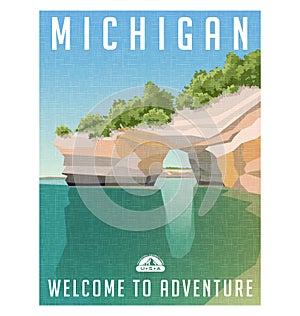 Michigan travel poster of sandstone cliffs on Lake Superior shoreline