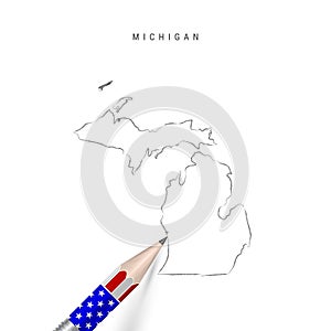 Michigan US state vector map pencil sketch. Michigan outline map with pencil in american flag colors
