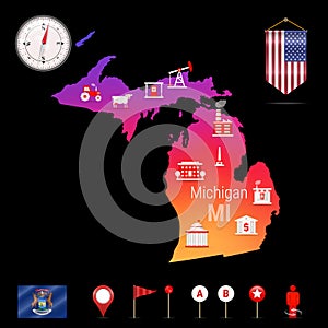 Michigan Vector Map, Night View. Compass Icon, Map Navigation Elements. Pennant Flag of the USA. Industries Icons