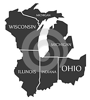 Michigan - Wisconsin - Illinois - Indiana - Ohio Map labelled bl