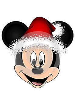 Disney vector illustration of Mickey Mouse with red Christmas hat, isolated on white background