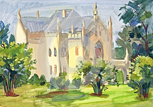 Miclauseni Castle, Iasi, Romania. Etude painted with gouache