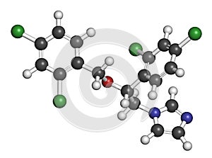 Miconazole antifungal drug molecule. 3D rendering. Atoms are represented as spheres with conventional color coding: hydrogen (