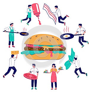 Burger cooking, vector flat style design illustration