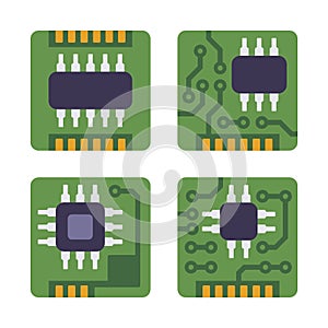 Micro Chip Processor Icons Set. CPU Electronic Component. Vector