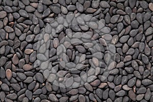 Micro Close-Up of Organic Black Sesame seeds Sesamum indicum or Black Til with shell Full-Frame Background.