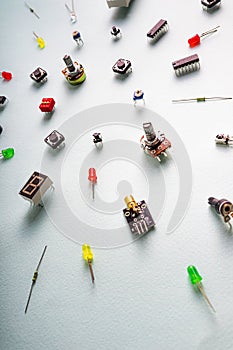Micro electronics arduino DIY components on a light background, top view