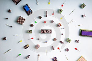 Micro electronics arduino DIY components on a light background, top view