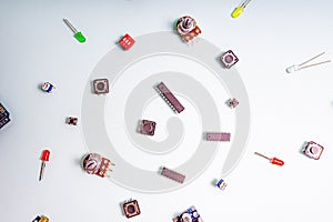 Micro eleectronics arduino DIY components on a light background, top view