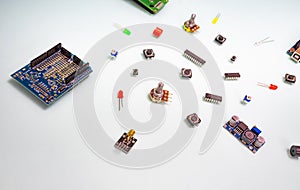 Micro eleectronics arduino DIY components on a light background, top view