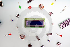 Micro eleectronics arduino DIY components on a light background, top view