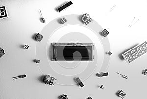 Micro eleectronics arduino DIY components on a light background, top view