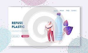 Micro Plastic Contamination Landing Page Template. Tiny Male Character Drinking Bottle Water with Microplastic Pieces