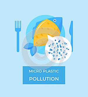 Micro plastic pollution concept. Microplastic in fish. Vector illustration.