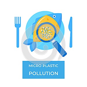 Micro plastic pollution concept. Microplastic in fish. Vector illustration.