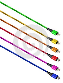 Micro USB cable, in different colors of cable and connector, on a white background isolated