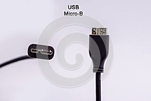 Micro USB type B cable from different angles isolated against white background. External Hard disk connector cable