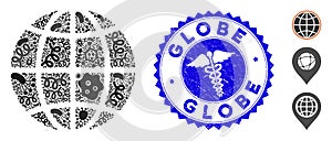 Microbe Collage Globe Icon with Doctor Scratched Globe Seal