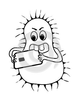 Microbe eating plastic card. Biodegradable plastic card concept. Vector outline image on white background