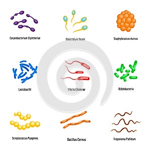 Microbe icons set, flat style