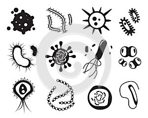 Microbes silhouettes. Bacteria and viruses biology pandemic icons set vector monochrome pictures