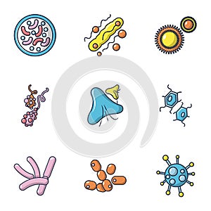 Microbial contingent icons set, cartoon style