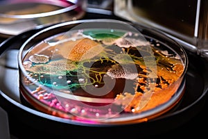 microbial culture growing in petri dish with colored overlay