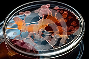 microbial culture growing on petri dish with the distinctive swirls and colors of bacteria visible