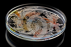 microbial culture growing on petri dish with the distinctive swirls and colors of bacteria visible