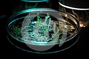 microbial culture growing in petri dish with the help of specialized lighting