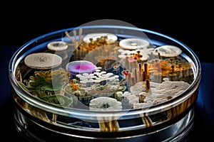 microbial culture growing in petri dish, with magnified view of organisms