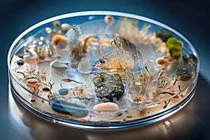 microbial culture growing in petri dish, with magnified view of organisms