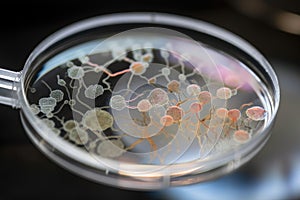 microbial culture growing in petri dish, with magnifying glass for viewing