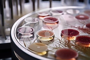 microbial culture growing in petri dish, with microscope on stand visible