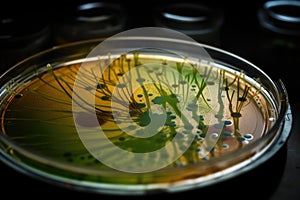 microbial culture growing on petri dish with streaks of green and yellow