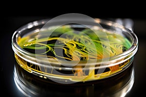 microbial culture growing on petri dish with streaks of green and yellow
