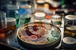 microbial cultures growing on petri dish with microscope in the background