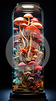 Microbial wonders: Mushroom marvels in test tubes and flasks. Created with Generative AI