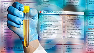 Microbiologist holding urine sample tube and background microbiology testing request form