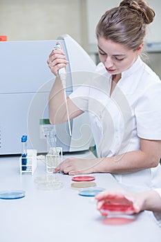 Microbiologist with pipette preparing samples