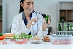 Microbiologists and nutrition experts analyze molecular samples in advanced food science labs