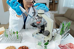 Microbiologists and nutrition experts analyze molecular samples in advanced food science labs