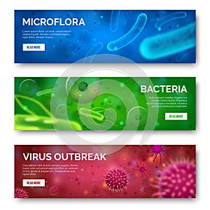 Microbiology 3d background. Viruses, infection and bacteria for banners. Virus bacterium science isolated banner set