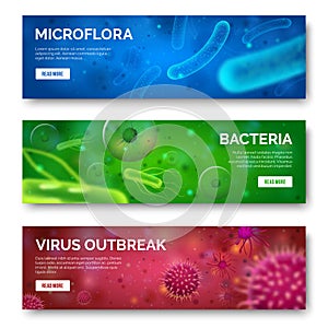 Microbiology 3d background. Viruses, infection and bacteria for banners. Virus bacterium science isolated banner set photo