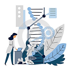 Microbiology or genetics artificial intelligence and DNA scientist and laptop