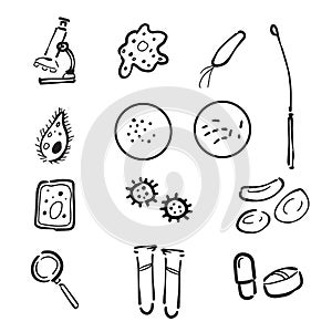 Microbiology lab doodle icons set