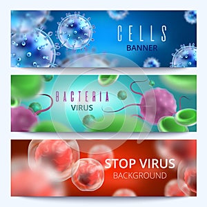 Microbiology and medical vector web banners with 3d bacteria and viruses