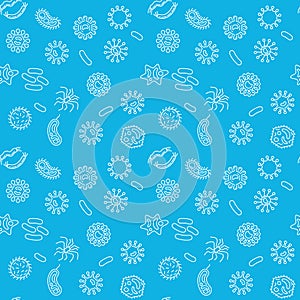 Microbiology vector blue seamless pattern in thin line style