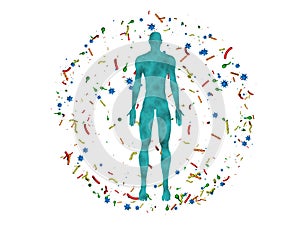 Microbiome bacteria, viruses, microbes surrounding  man, male body. 3d rendering illustration Isolated on white background